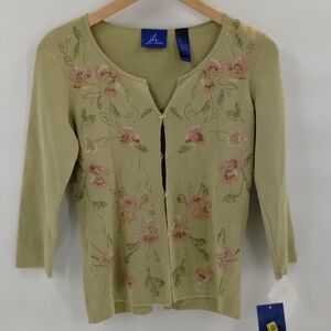 JH Collection green fairy small embroidered boho belly knit sweater cardigan